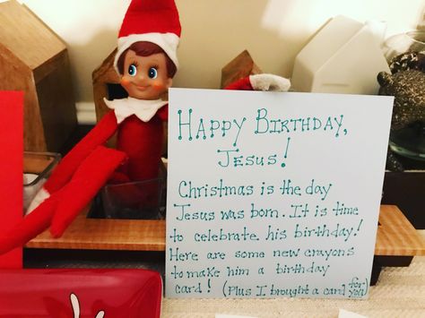 Birthday Elf On The Shelf, Elf On Shelf For Birthday, Elf Birthday Surprise, Elf On The Shelf Happy Birthday Ideas, Elf On The Shelf Birthday, Elf Birthday Ideas, Happy Birthday Jesus Elf On The Shelf, Elf Celebrates Birthday, Elf On The Shelf Jesus Style