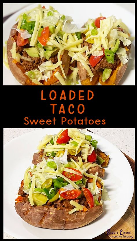 Loaded Taco Sweet Potatoes Spinach Cob Loaf, Pasta Salad With Spinach, Taco Toppings, Sweet Potato Tacos, Loaded Sweet Potato, Taco Fillings, Red Onion Relish, Filling Dinner, Onion Relish