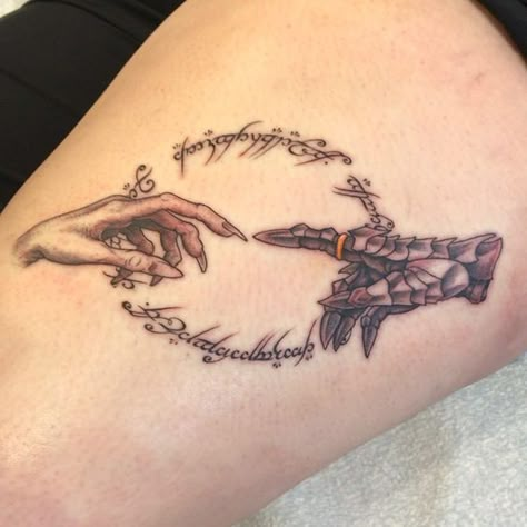 Hobbit Tattoo, Tolkien Tattoo, Fandom Tattoos, Lotr Tattoo, Lord Of The Rings Tattoo, Earth Tattoo, The Creation Of Adam, Fantasy Tattoos, Ring Tattoos