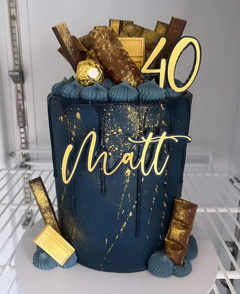 Male Cake Decorating Ideas, Navy Blue And Gold Cake Birthday, Navy And Gold Cake For Men, Navy And Gold Birthday Cake, Male Birthday Cake Ideas Men, Mens 40th Birthday Cake, Navy And Gold Cake, Navy And Gold Birthday, Gentleman Cake