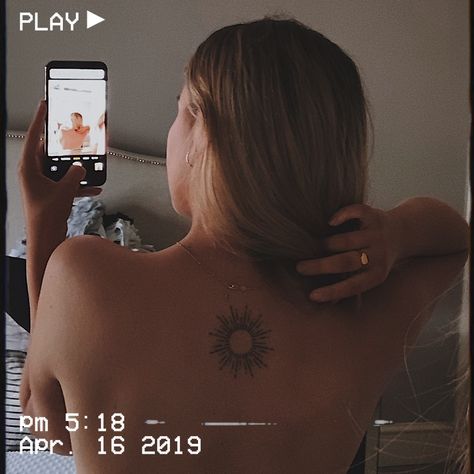 Sun Placement Tattoo, Big Sun Tattoo On Back, Upper Back Sun Tattoo, Sun Tatoos Behind The Ear, Sunshine Back Tattoo, Back Of Neck Sun Tattoo, Sun Tattoo On Back Of Neck, Spine Sun Tattoo, Sun On Back Tattoo