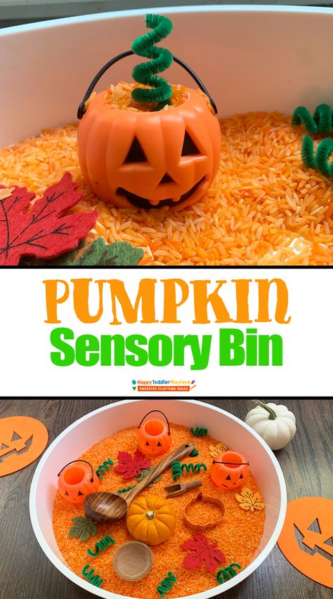 Pumpkin Rice Sensory Bin for Kids - Happy Toddler Playtime Halloween Rice Sensory Bin, Pumpkin Sensory Bin Preschool, Pumpkin Sensory, Edible Sensory Play, Rice Sensory Bin, Kindergarten Inquiry, Pumpkin Rice, Fall Sensory Bin, Fall Activities For Toddlers