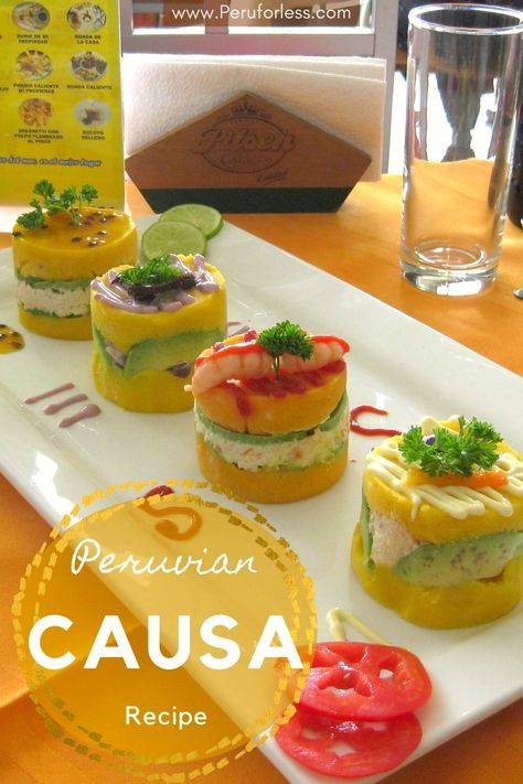 Peruvian Causa Chicken, Causa Peruana Recipe, Peruvian Potatoes Recipes, Peruvian Causa Recipe, Peruvian Causa, Stacked Salad, Layered Potato Casserole, Yellow Chili Peppers, Peru Food