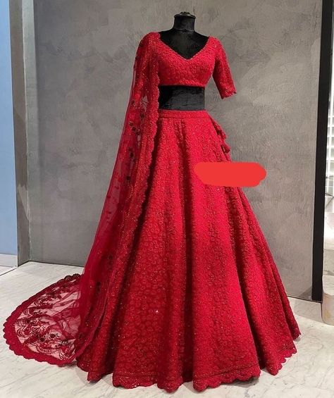 Red Colour Half Saree Designs, Choker With Lehenga, Ganesh Pooja Outfit For Bride, Red Lehanga Outfits Bridal, Red Lengha Simple, Lehenga Designs Red, Lengha Choli Modern Wedding, Red Lehenga Simple, Modern Lehenga Designs Style