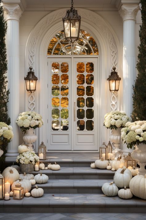 Quiet Elegance: White Pumpkins and the Art of Subdued Fall Decor – A Sparkly Life for Me White And Green Pumpkins Porch, Southern Fall Decor, Decorating With White Pumpkins, Decorating With White, Pretty Porches, Fall Front Door Decor, Fall Container Gardens, Quiet Elegance, Porch Pumpkins