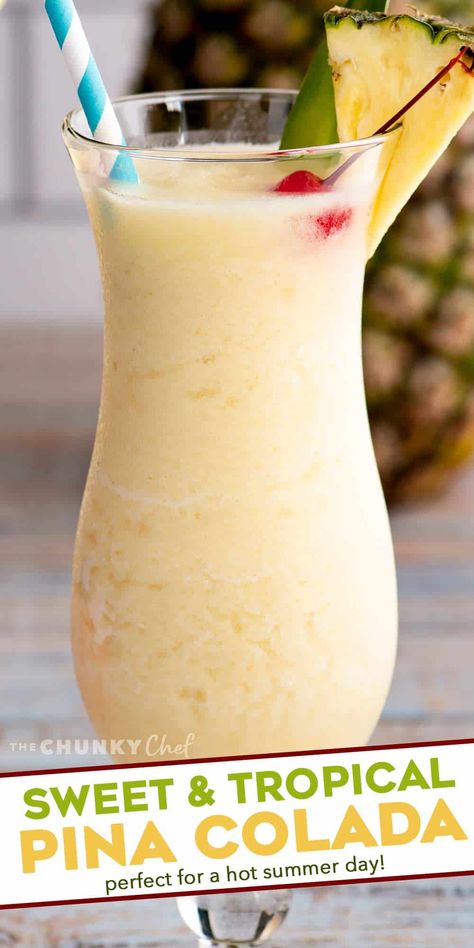 This Frozen Pina Colada is sweet, tropical, and perfect for a hot summer day! Easy to substitute with alternate rums, or even make it a virgin mocktail. #pinacolada #frozencocktail Frozen Drinks Nonalcoholic, Frozen Pina Colada Recipe, Virgin Mocktail, Pina Coloda, Piña Colada Recipe, Colada Drinks, Pina Colada Drinks, Frozen Pina Colada, Virgin Pina Colada