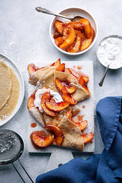 Simple Oat Crepes - Wife Mama Foodie Oat Crepes, Best Crepe Recipe, Nectarine Recipes, Peach Crepes, Pane Dolce, Flatbread Recipes, Crepe Recipes, Omelet, Finger Food