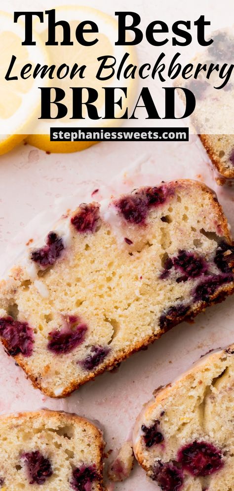 This easy to make blackberry lemon bread is topped with a fresh lemon glaze. It is a soft bread full of fresh lemon flavor and fresh blackberries. Tropical Bread, Loaf Pound Cake, Bread Texture, Soft Loaf, Blackberry Bread, Food Favors, Blackberry Lemon, Dessert Breads, Beautiful Bread