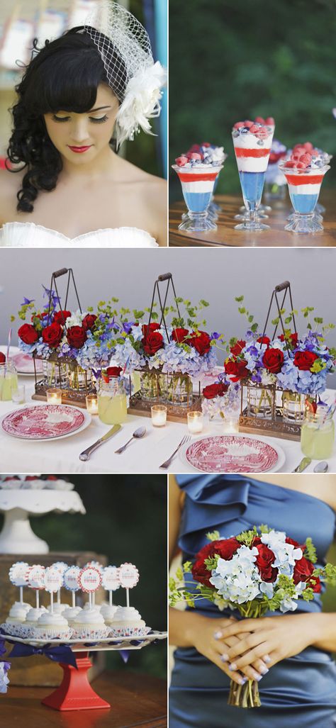 Fourth Of July Photo Shoot, July Wedding Ideas, Red White Blue Wedding, Fourth Of July Wedding, July 4th Wedding, Patriotic Wedding, Blue Centerpieces, Military Wedding, July Wedding