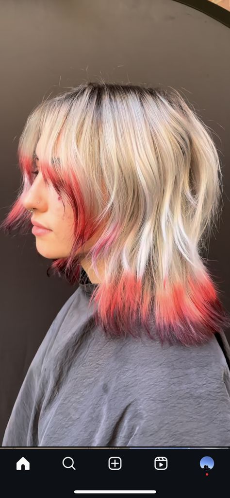 Layered Dyed Tips, Layered Hair Dyed Tips, Blonde Color Blocking, Blonde Layered Hair Medium, Blonde Hair With Purple, Layered Hair Medium, Blonde With Red, Hair With Purple, Blonde Layered Hair