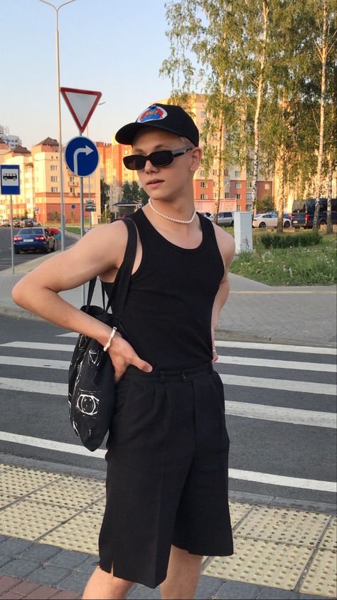 Black Sando Outfit For Men Aesthetic, Black Tank Top Outfit Men Aesthetic, Sando Outfit For Men, Tank Top Men Fashion Street Styles, Black Sando Outfit, Sando Outfit Tank Tops, Black Tank Top Outfit Men, Sando Outfit, Black Sando