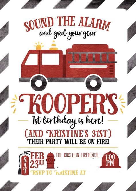 Firetruck Fourth Birthday, Firefighter Birthday Invitations, Firetruck Birthday Invitation, Fireman 1st Birthday Party, Fireman Birthday Invitations, Firetruck Birthday Party Invitations, Fireman First Birthday Party, Firefighter Birthday Party Invitations, First Birthday Fire Truck Theme