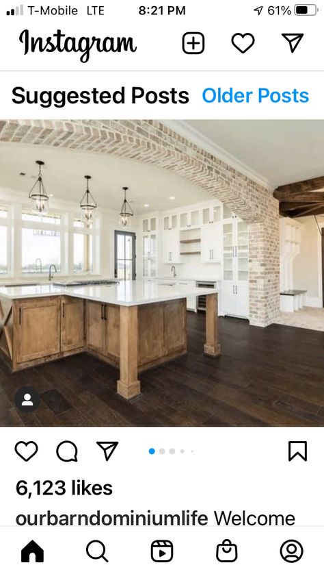 Brick Arches In Kitchen, Farmhouse Stone Wall, Brick Between Kitchen And Living Room, Brick Archways In Homes, Stone Archway In Kitchen, Brick Columns With Wood Beam, Brick Ceiling Kitchen, Brick Archway In Living Room, Brick Interior Archway