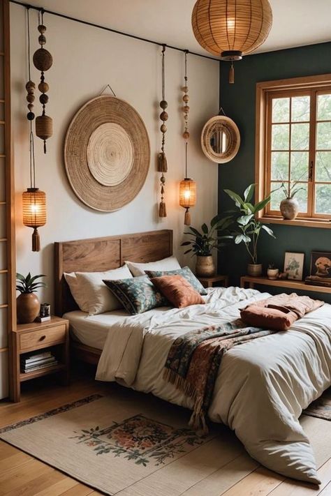 Natural Main Bedroom Ideas, Natural Zen Bedroom, European Boho Decor, Peaceful Decorating Ideas, Japanese Boho Interior, Boho Bedroom Minimal, Getting Ready Room Ideas, Zen Room Ideas Bedrooms, Boho Room Ideas Bedroom