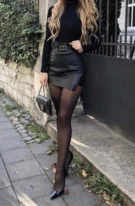 #fashion #style Black Sheer Stocking Outfit, Black Skirt With Nylons Outfit, Leather Skirt With Stockings Outfit, Nylons Outfit Dresses, Short Skirt With Stockings Outfit, Black Stockings Outfit Party, Sheer Stockings Outfit, Black Stockings With Skirt, Black Pantyhose Outfit