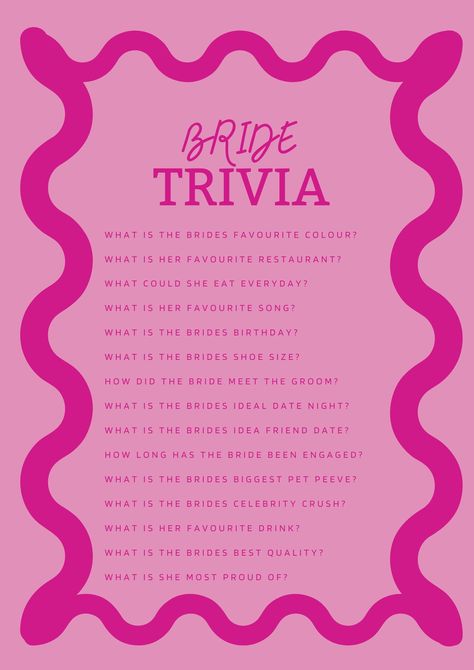 A classic PASTEL Bridal Shower or Hens Party Game - Bride Trivia Pair it with a 'He Said She Said' Bridal Party Game for your next Bridal event PLEASE NOTE: INSTANT PRINTABLE DOWNLOAD ONLY (IN PDF - BEST FOR PRINTING) Download will be instant and comes with all 7 colours Pastel Hens Party, Pink Hens Party, Bridal Shower Bachelorette Party Ideas, Hens Party Themes, Engagement Party Games, Bridal Party Games, Bride Birthday, Hen Party Games, He Said She Said