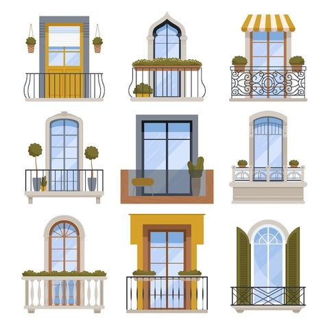 Facade Balcony, Balcony Building, Mini Balcony, Vector Architecture, Architecture Illustrations, Building Decoration, French Buildings, French Window, Building Wall