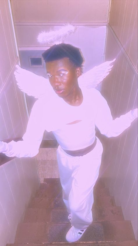 [ig]: carlctrlz & copycarl (follow me) #halloween #angel #costume #bratboyc #lgbt #aesthetic #whiteclothing #allwhiteoutfits #blackmodel #blackmalemodel #blackmenfashion #fashion #croptop #crophoodie #wings #fairy #gay #unisex Male Angel Halloween Costume, Boy Angel Costume, Male Angel Costume, Angel Costume Men, Photograph Reference, Lgbt Aesthetic, Single Icons, Wings Fairy, Male Angel