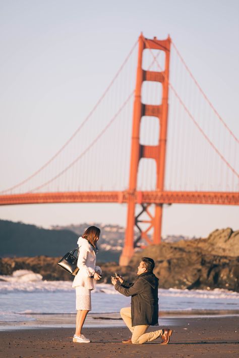 He asked her to marry him by the Golden Gate Bridge in San Francisco, and the full story is amazing! Beach Fire Pit, Proposal Spots, Best Wedding Proposals, Baker Beach, Beach Fire, Palace Of Fine Arts, Running On The Beach, Romantic Proposal, Perfect Proposal