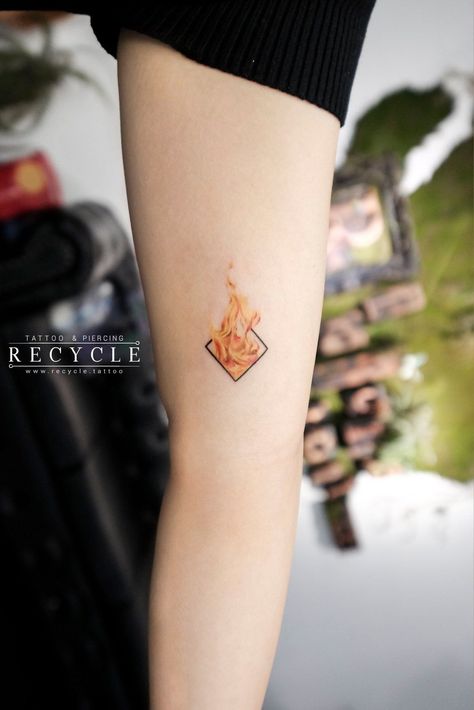 Fire Tattoo Symbol, Sun And Fire Tattoo, Flame Tattoo For Women, Watercolor Fire Tattoo, Fire Inspired Tattoo, Fire Tattoos For Women, Fire Sun Tattoo, Water Fire Tattoo, Minimalist Fire Tattoo