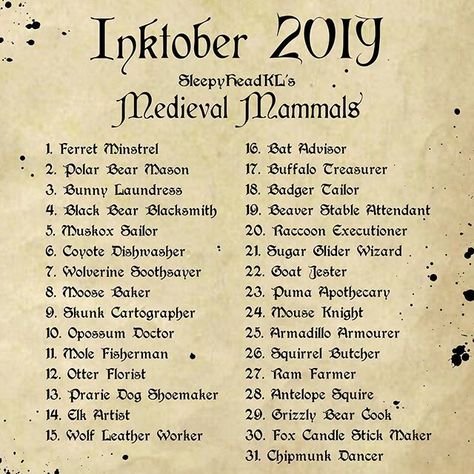 I’ll be doing Medieval Mammals for #Inktober !! ⭐️ #inktober2019 #inktoberprompts #promptlist #medievalmammals 300 Drawing Prompts, Inktober Prompts, Sketchbook Prompts, 30 Day Art Challenge, Art Journal Challenge, Drawing Challenges, 30 Day Drawing Challenge, October Art, Art Challenges