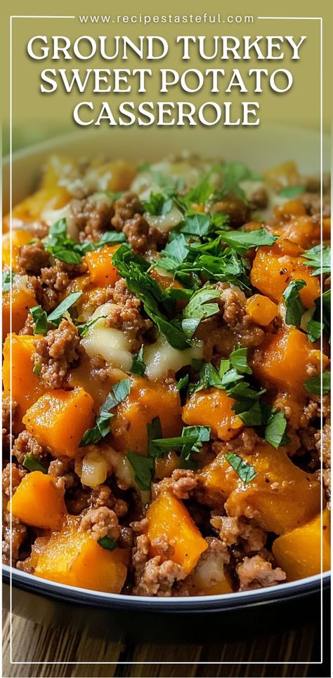 This Ground Turkey Sweet Potato Casserole is a comforting and healthy dish that combines ground turkey, sweet potatoes, black beans, and corn, all topped with melted cheese. It's packed with flavor and nutrients, making it a perfect weeknight dinner. Ground Turkey And Sweet Potato Recipe, Ground Turkey Sweet Potato, Ground Turkey Casserole, Black Beans And Corn, Turkey Sweet Potato, Beans And Corn, Turkey Casserole, Ground Turkey Recipes, Sweet Potato Casserole