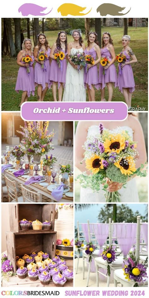 Wedding Colors That Go With Sunflowers, Purple And Sunflower Wedding Ideas, Purple Yellow Wedding Theme, Sunflower And Lavender Wedding Cake, Sunflower And Lilac Wedding, Sunflower And Purple Wedding Theme, Sunflower Wedding Bridesmaid Dresses, Purple And Yellow Wedding Theme, Sunflower And Lavender Wedding