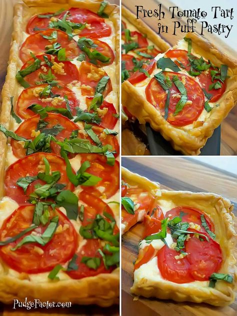 Fresh Tomato Tart is a luscious creamy based tart topped with flavorful garden fresh tomatoes in a flaky puff pastry crust. via @c2king Tomato Tart Puff Pastry, Puff Pastry Crust, Tomato Tart, Tomato Pie, Pastry Crust, Pastry Tart, Savory Tart, Puff Pastry Recipes, Chapati