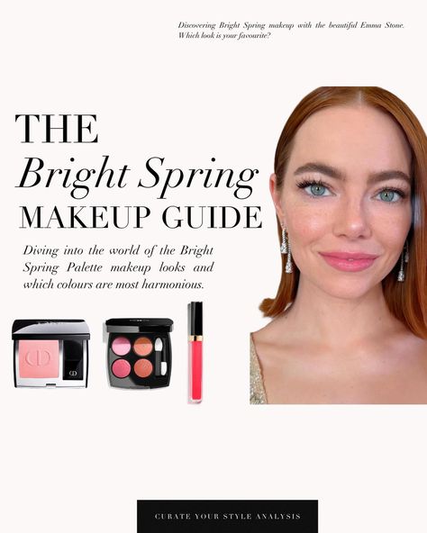 A Bright Spring makeup guide with the lovely Emma Stone 🤍 . #coloranalysis #colouranalysis #springpalette #brightspring #emmastone Bright Spring Makeup Products, Emma Stone Bright Spring, Bright Spring Color Palette Makeup, Bright Spring Eyeshadow, Warm Spring Makeup Looks, Clear Spring Makeup, Bright Spring Palette, Bright Spring Makeup, Warm Spring Makeup