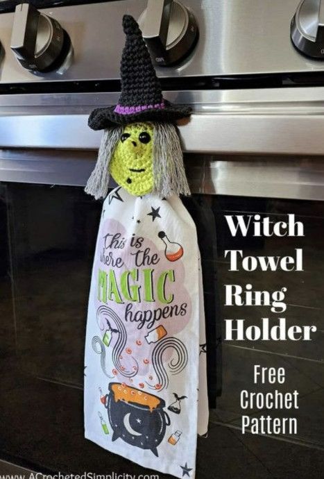 Crochet Witch Towel Holder Crochet Towel Ring, Crochet Towel Holder, Crochet Witch Hat, Witch Crochet, Mini Witch Hat, Crochet Fall Decor, Crochet Witch, Crochet Towel Holders, Crochet Towel Topper