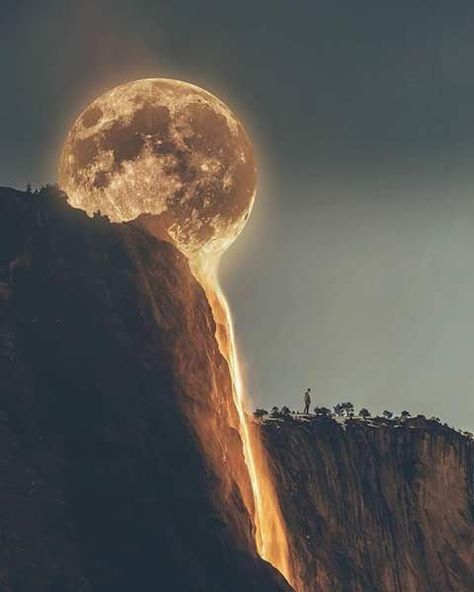 This is a full moon descending on Angel Falls, on the south side of Yosemite, just west of Sentinel Rock. For a few days each year, it appears as though the the moon is draining through the waterfall. Moon Pictures, Beautiful Moon, Jolie Photo, Alam Yang Indah, Moon Art, Amazing Nature, Nature Pictures, Nature Beauty, Full Moon