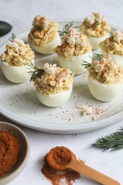 Crab Stuffed Deviled Eggs, Lobster Deviled Eggs, Pupu Platters, Seafood Deviled Eggs, Cajun Deviled Eggs, Crab Deviled Eggs, Deviled Crab Recipe, Crab Deviled Eggs Recipe, Deviled Crab