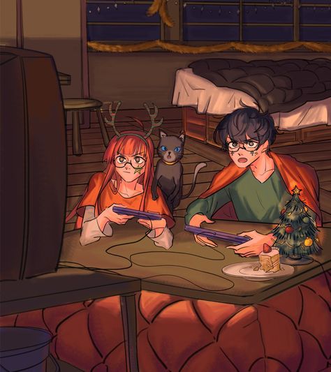 Anime Gamer Couple, Persona 5 Christmas, Persona Christmas, Post Christmas Party, Gaming Couple, Futaba Y Kou, Futaba Sakura, Persona 5 Memes, Gamer Art