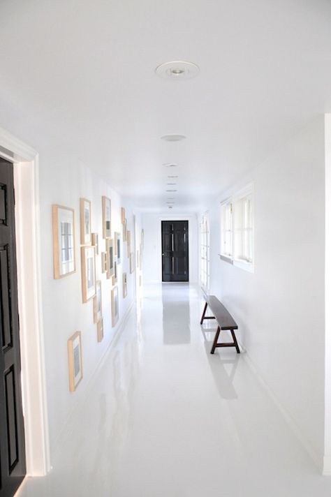 Narrow Foyer, White Foyer, Rustic Foyer, Clements Design, White Wood Paneling, White Wood Floors, Entryway Flooring, White Floor, Entrance Foyer