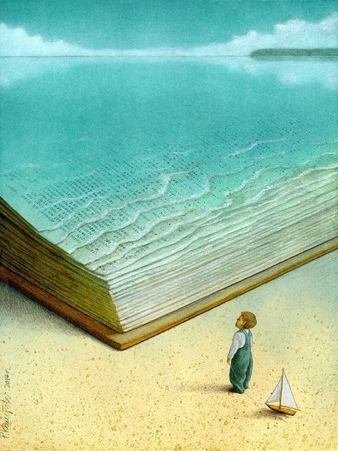 Pawel Kuczynski illustrations - Ocean of knowledge Grafika Vintage, Naha, Surreal Art, Book Illustration, Amazing Art, The Ocean, Surrealism, Beautiful Art, Book Lovers