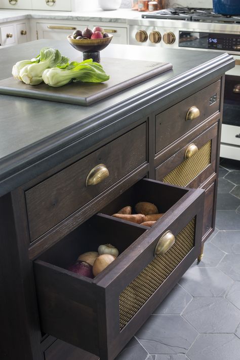 Storage Solutions: Kitchen Drawers - Studio Dearborn | Interior Design Studio Dearborn, Sarah Robertson, Cookbook Storage, Onion Storage, Island Storage, Kitchen Island Storage, Vegetable Drawer, Potato Storage, Kitchen Built In