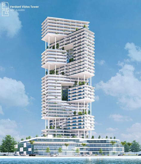 VERDANT VISTAS TOWER (COMMERCIAL-RESIDENTIAL TOWER) :: Behance Ultra Modern Architecture, Mid Rise Architecture, Interlocking Architecture, Mixed Use Building Concept Architecture, Residential Building Elevation, Luxury Residential Building, Highrise Buildings, High Rise Residential, Commercial Office Building