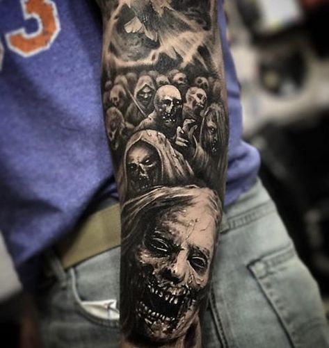 Zombie Tattoo Sleeve, Zombie Skull Tattoo, Zombie Sleeve Tattoo, Apocalypse Tattoo Ideas, Black Ops Zombies Tattoo, Deadly Tattoo, Zombie Tattoo Ideas, Create Tattoo, Apocalypse Tattoo