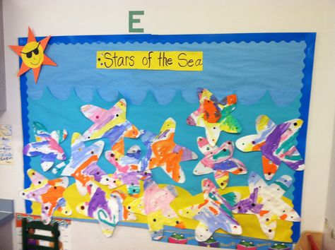 Starfish Sea Star bulletin board I had my students paint paper on the easel with vibrant colors and then cut out the Sea stars after they were dry. They glued on 1 googley eye near the middle of the star and a few sequence all around the star. Fish Bulletin Boards, Sea Bulletin Board, Toddler Bulletin Boards, Ocean Theme Preschool, Ocean Classroom, Under The Sea Crafts, Stars Classroom, Summer Bulletin Boards, Fish Activities