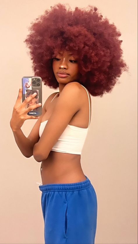 Maroon Natural Hair Black Women, Red 4c Hair Black Women, Afro Hair Dye Colors, Dark Red 4c Hair, Red 4c Natural Hair, Coloured Afro Hair, Afro Hair Dye Ideas, Red Afro Hair Natural 4c, Red Hair 4c