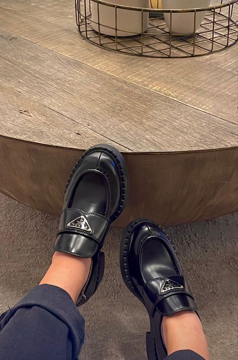 Prada Shoes Loafers, Prada Black Loafers, Prada Oxford Shoes Outfit, Prada Chocolate Loafers Outfit, Designer Loafers Women, Prada Chunky Loafers, Prada Loafers Women Outfit, Loafer Prada, Prada Loafers Women