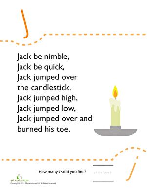 Jack Be Nimble, Speech Therapy Worksheets, Name Tracing Worksheets, The Letter J, Classic Nursery Rhymes, Mental Health Center, Name Tracing, Time Worksheets, Pre Kindergarten