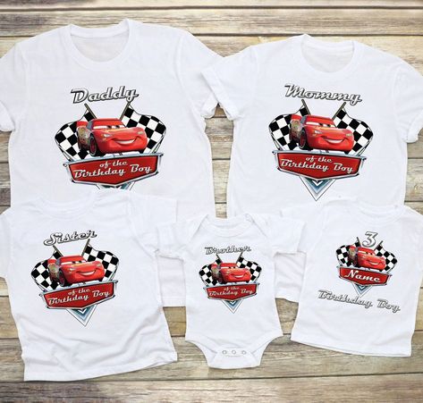 Cars Shirts For Birthday, Lightning Mcqueen Birthday Shirt, Cars Theme Party, Lightning Mcqueen Shirt, Cars Birthday Shirt, Disney Family Outfits, Tshirt Making, Pixar Cars Birthday, Mcqueen Birthday