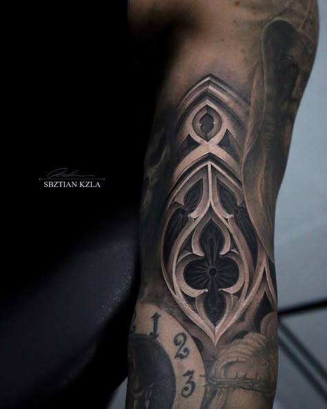 Venetian Tattoo Sleeve, Goth Tattoo Forearm, Greek Window Tattoo, Realism Filler Tattoo, Greek Mythology Arm Sleeve Tattoo, Mens Tattoo Ideas Sleeve Inspiration Men, Church Windows Tattoo, Gate Tattoo Design, Gothic Tattoos Men