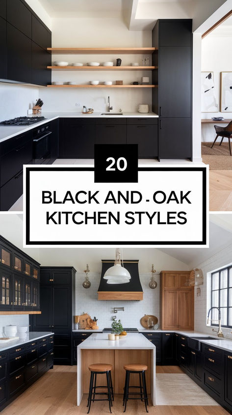 A spacious oak and black kitchen featuring granite counters, open shelving, and black-and-white decor elements. Natural And Black Kitchen, Black Cabinets With Wood Island, Black Kitchen With Copper Accents, Black And Oak Cabinets, High Contrast Kitchen Design, Black Modern Farmhouse Kitchen, Beige Black Kitchen, Black Countertop Backsplash Ideas, Black And White Oak Kitchen