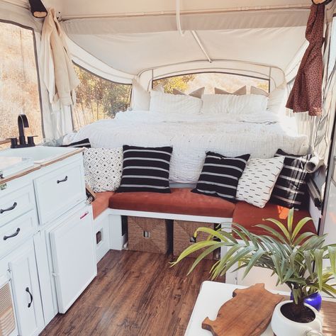 Boho Style Pop Up Camper, Renovated Tent Trailers, Pop Up Camper Remodel Boho, Boho Trailer Decor, Trailer Tent Makeover, Coleman Pop Up Camper Remodel, Pop Up Tent Trailer Remodel, Refurbished Trailer, Boho Pop Up Camper