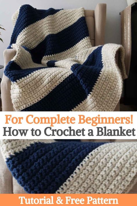 If you are new to crochet and looking for a first project, our beginner crochet blanket is a great place to start. Especially if you don't like scarves or kerchiefs. A blanket is a practical way to practice your skills because your family will be able to use it for many years. With this project you will be able to practice the fundamental skills of crochet; the running stitch to start the project and single stitch stitches throughout. Mastering these two stitches is a must for any... Crochet A Blanket, Baby Blanket Crochet Pattern Easy, Crochet Blanket Tutorial, Beginning Crochet, Throw Blanket Pattern, Easy Crochet Baby Blanket, Crochet Stitches For Blankets, Lion Brand Wool Ease, Crocheted Hats