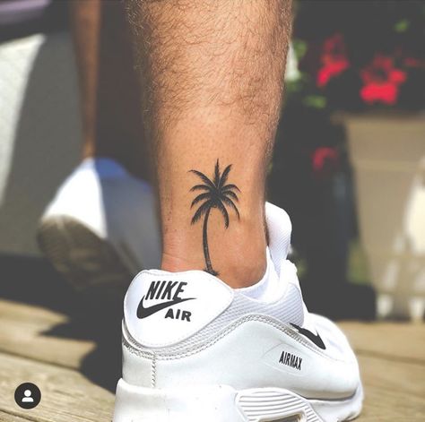 Australian Tattoo Men, Beach Tattoo For Men Small, Ankle Tattoo For Man, Male Ankle Tattoo, Tatoos Leg Men, Small Palm Tree Tattoo Men, Leg Small Tattoo Men, Ankle Tattoo Men Ideas, Small Tattoos For Men On Leg