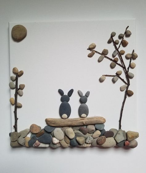 Hoppy Bunnies Pebble Art Home Decor | MakerPlace by Michaels Animal Pebble Art, Stone Pictures Pebble Art, Seashell Beach, Handmade Wall Decor, Rock Ideas, Stone Pictures, Sea Glass Art, Kid Crafts, Rock Hounding