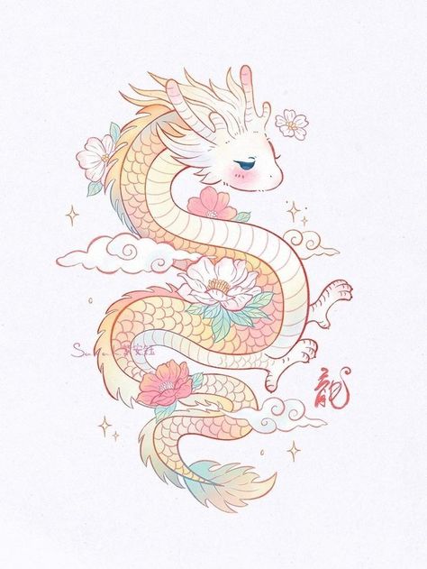 Kawaii Dragon Tattoo, Cute Dragon Doodle, Cute Dragon Drawing Kawaii, Cute Animal Chibi, Cute Dragon Illustration, Dragon Drawing Sketches, Cute Chinese Dragon, Easy Stuff To Draw, Flowers Wallpaper Iphone